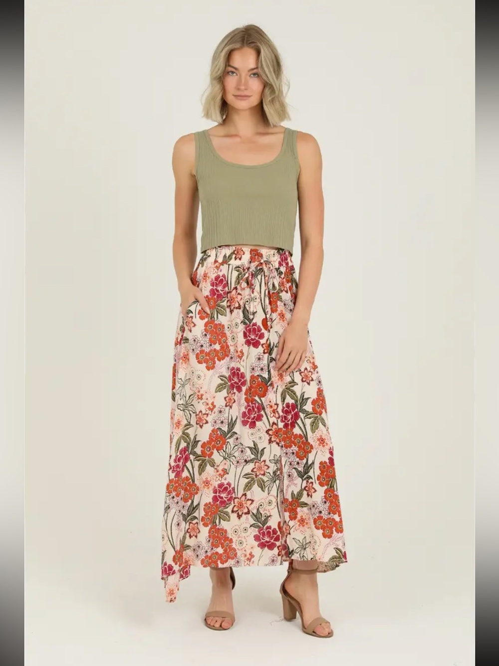Angie Floral Tie-Waist Maxi Skirt in Cream